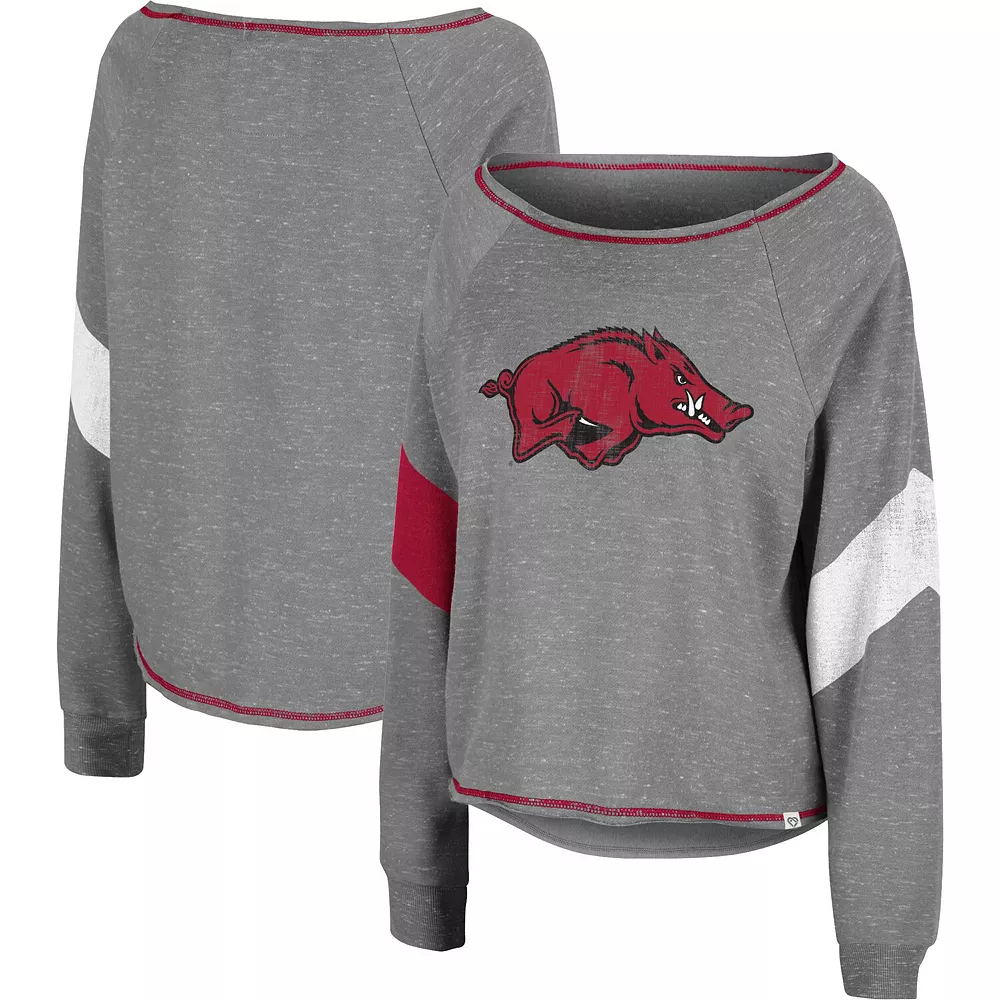 Women's Colosseum Heather Gray Arkansas Razorbacks Amped Chevron Stripe Raglan Boat Neck Pullover Sweatshirt