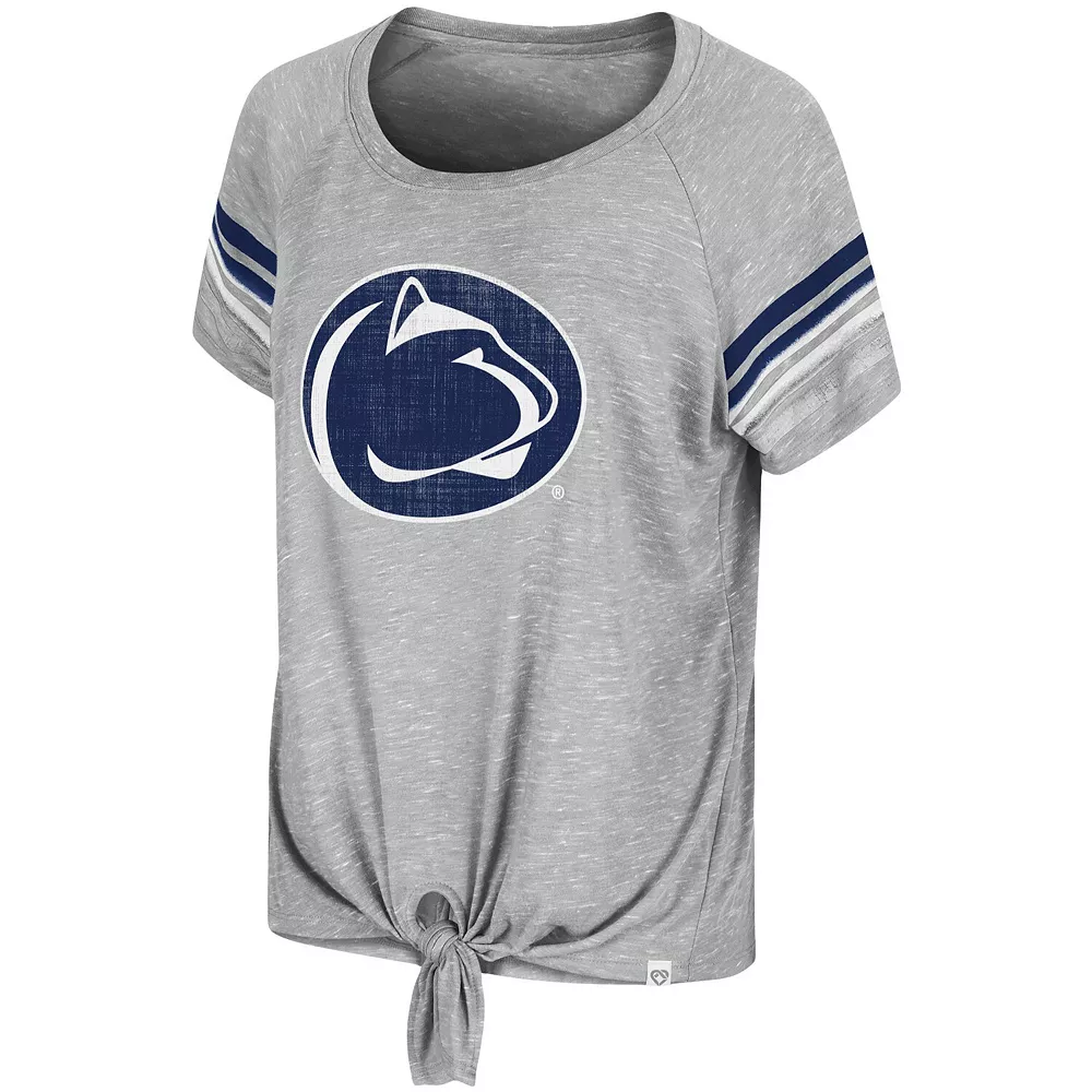 Women's Colosseum Heathered Gray Penn State Nittany Lions Boo You Knotted Raglan T-Shirt - Image 3