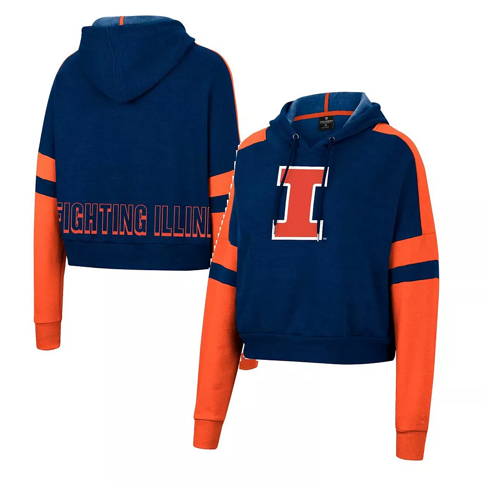 Women's Colosseum Navy Illinois Fighting Illini Throwback Stripe Arch Logo Cropped Pullover Hoodie