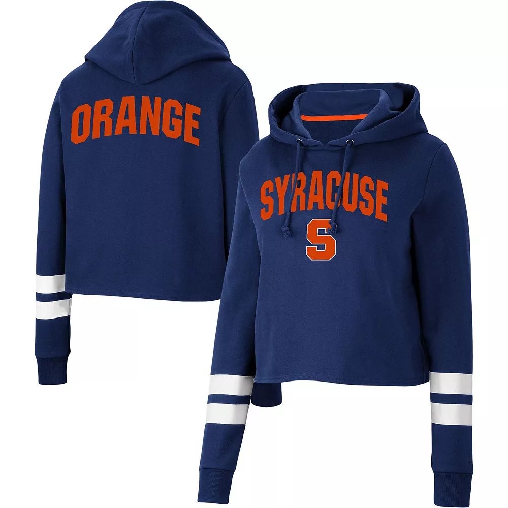 Women's Colosseum Navy Syracuse Orange Throwback Stripe Cropped Pullover Hoodie