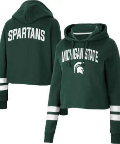 Women's Colosseum Green Michigan State Spartans Throwback Stripe Cropped Pullover Hoodie