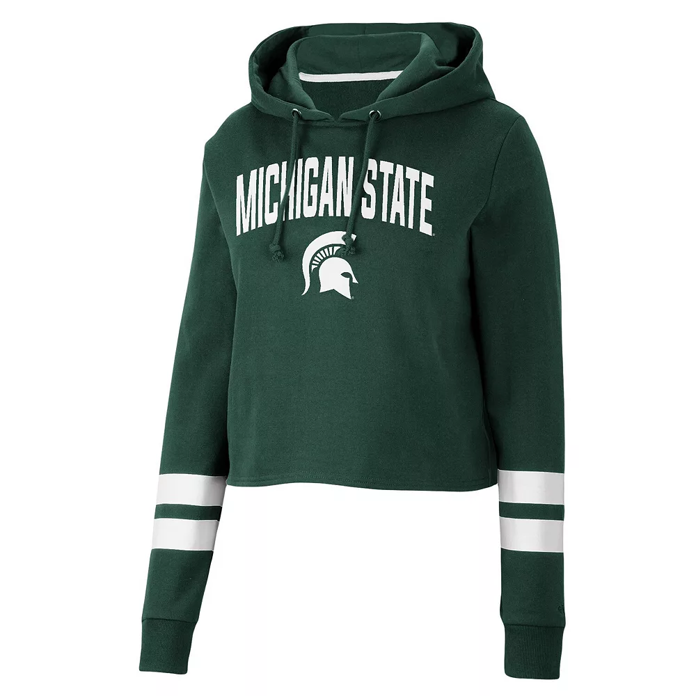 Women's Colosseum Green Michigan State Spartans Throwback Stripe Cropped Pullover Hoodie - Image 3