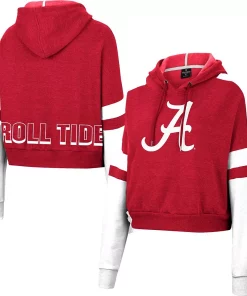 Women's Colosseum Crimson Alabama Crimson Tide Throwback Stripe Arch Logo Cropped Pullover Hoodie