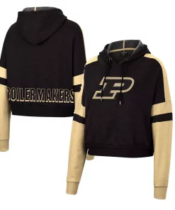 Women's Colosseum Black Purdue Boilermakers Throwback Stripe Arch Logo Cropped Pullover Hoodie