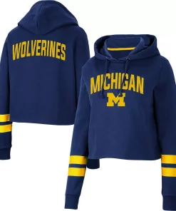 Women's Colosseum Navy Michigan Wolverines Throwback Stripe Cropped Pullover Hoodie