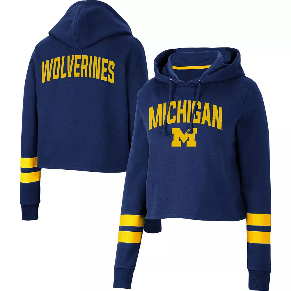 Women's Colosseum Navy Michigan Wolverines Throwback Stripe Cropped Pullover Hoodie - Image 2