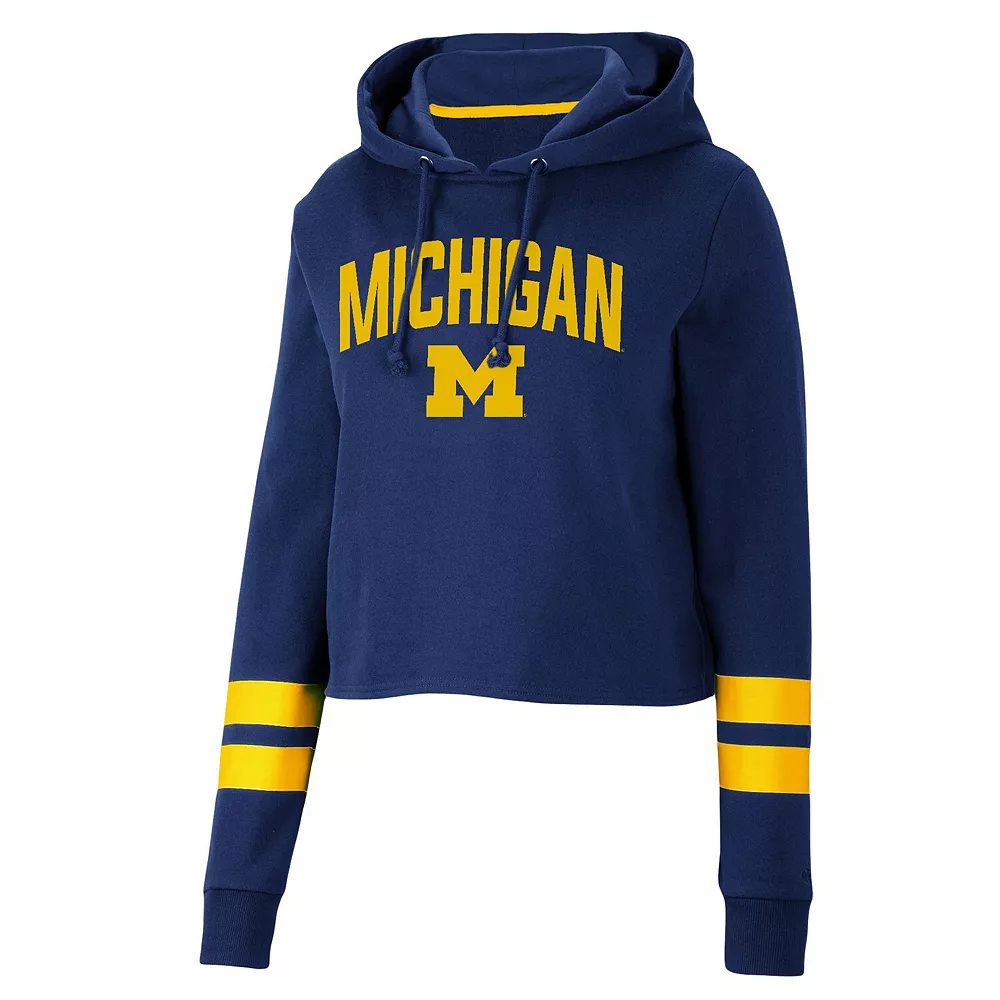 Women's Colosseum Navy Michigan Wolverines Throwback Stripe Cropped Pullover Hoodie - Image 3