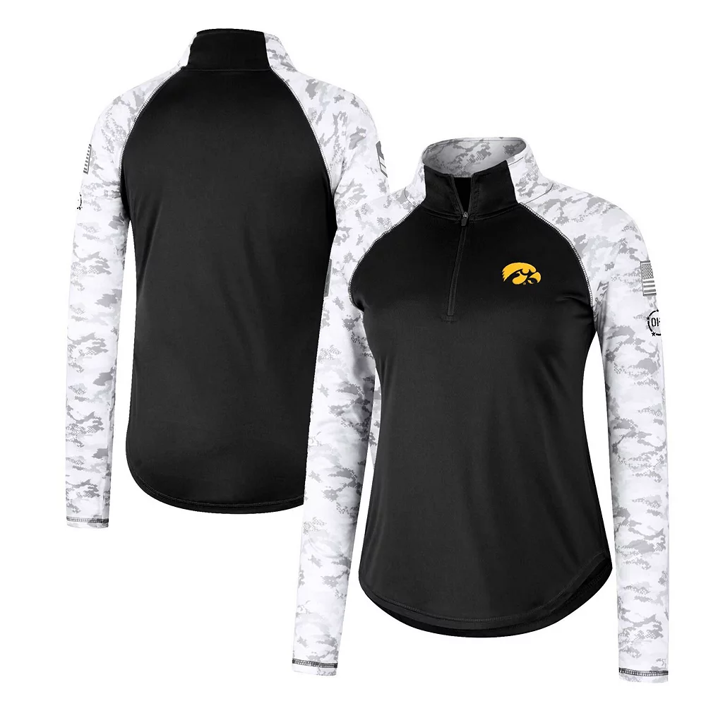Women's Colosseum Black Iowa Hawkeyes OHT Military Appreciation Flash Arctic Camo Raglan Quarter-Zip Jacket - Image 2