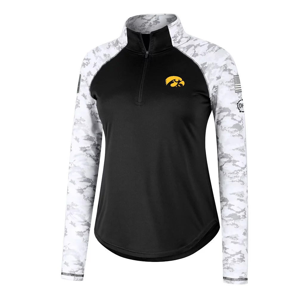 Women's Colosseum Black Iowa Hawkeyes OHT Military Appreciation Flash Arctic Camo Raglan Quarter-Zip Jacket - Image 3