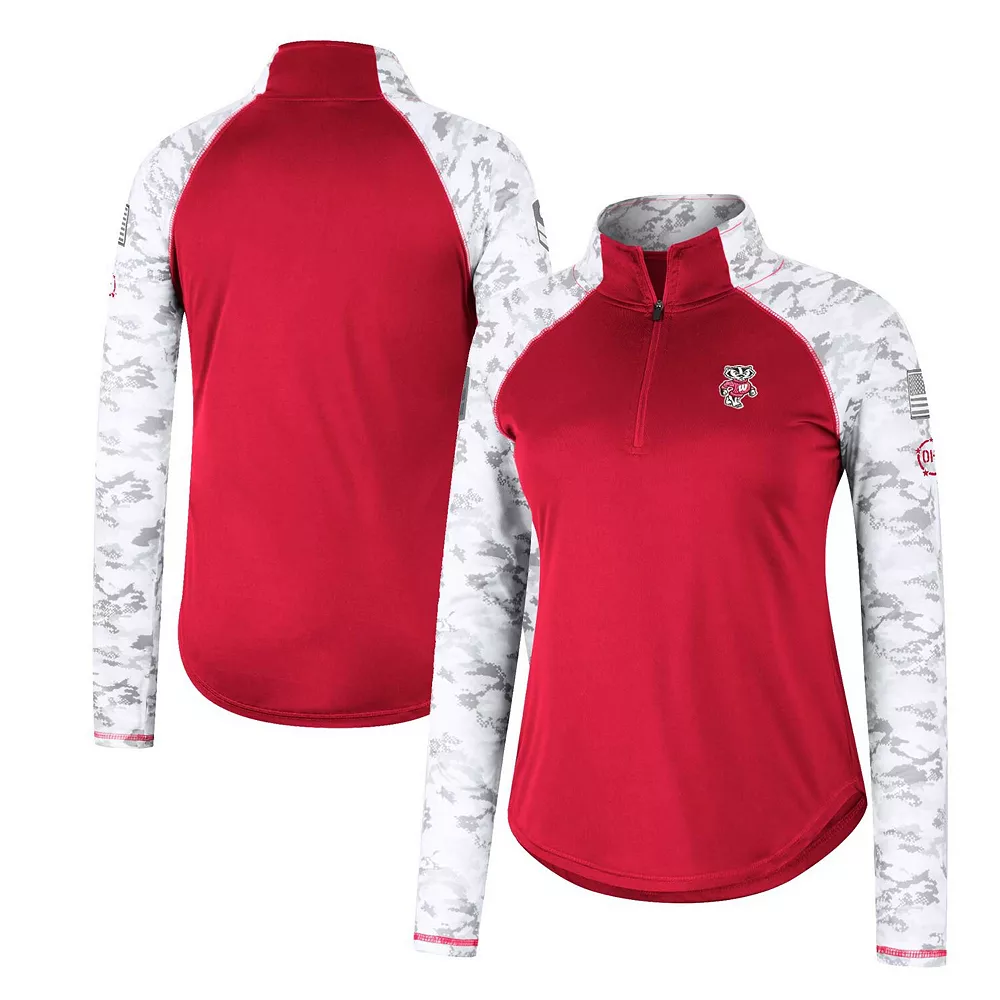 Women's Colosseum Red Wisconsin Badgers OHT Military Appreciation Flash Arctic Camo Raglan Quarter-Zip Jacket - Image 2