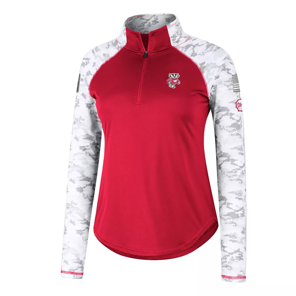 Women's Colosseum Red Wisconsin Badgers OHT Military Appreciation Flash Arctic Camo Raglan Quarter-Zip Jacket - Image 3